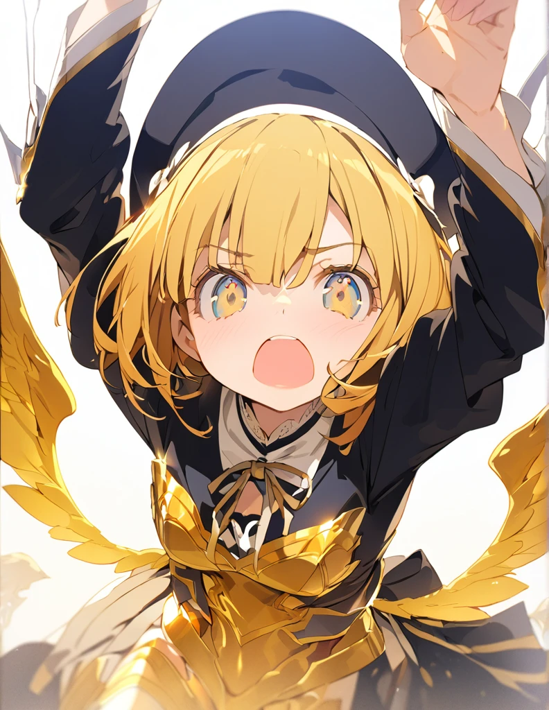 masterpiece　Golden Wings　A masterpiece of ultra-precise description of a girl fighting with golden flames (Short Bob Hair:1.4),(blue eyes)Fighting pose Golden flames rise all over　Big Breasts