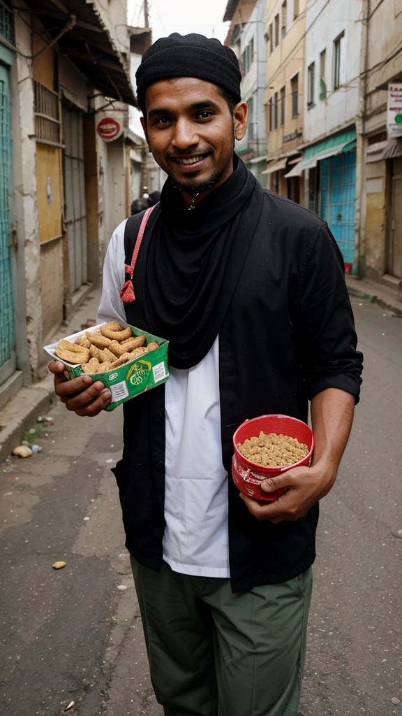 a Muslim social worker who is providing food aid to poor families in urban areas, with a warm smile and concern that radiates from his movements.