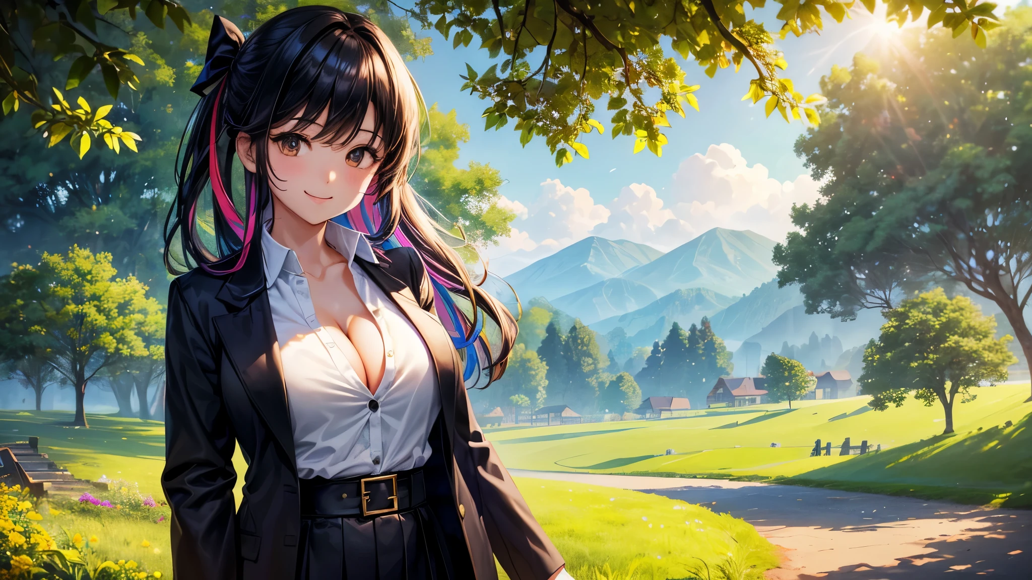 1girl, full body, solo, summer, village, trees, sun, clouds, ((colorful hair)), large breasts, ((black blazer)), button down shirt, ((white shirt)), ((short sleeved shirt)), ((unbuttoned shirt)), unbuttoning buttons, cleavage 1:3, brown eyes, skirt, smile, looking at the viewer, standing, hair ribbon, golden necklate
