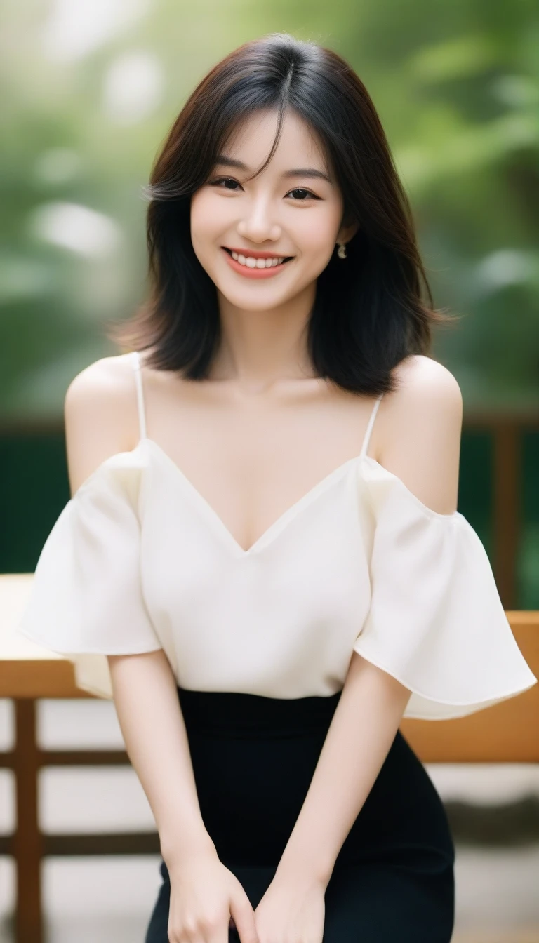 masterpiece, highest quality, official art, Highly detailed CG Unity 8K wallpaper, 1girl, , ultra high resolution, (realistic), golden hour lighting, casual dress, (Upper body), (K-POP idol), (attractive), ((puffy eyes)), looking at the viewer, facing forward, smile, laughter, middle chest, shirt lift, short hair