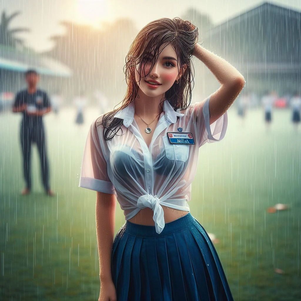 realistic art, there japanese girl standing in the rain, wet used shirt with name tag Aidelia,detail bra under wet shirt, no underwear, see-through,  pretty girl standing in the rain, after rain and no girls, raining, girl wearing uniform, in the rain, raining award winning photo, school girl, just after rain, raining!, at evening during rain, wet from rain, rainy wet, raining portrait, beautiful and smiling, masterpiece, best quality:1.2),,(8k,highres,RAW photo,realistic,photo-realistic:1.3),(detailed skin texture,detailed cloth texture,beautiful detailed face:1.25),professional lighting,photon mapping,beautiful soft light,radiosity,physically-based rendering,raytracing, model shoot style, model shoot style, (extremely detailed CG unity 8k wallpaper), full shot body photo of the most beautiful artwork in the world, (((nsfw)))