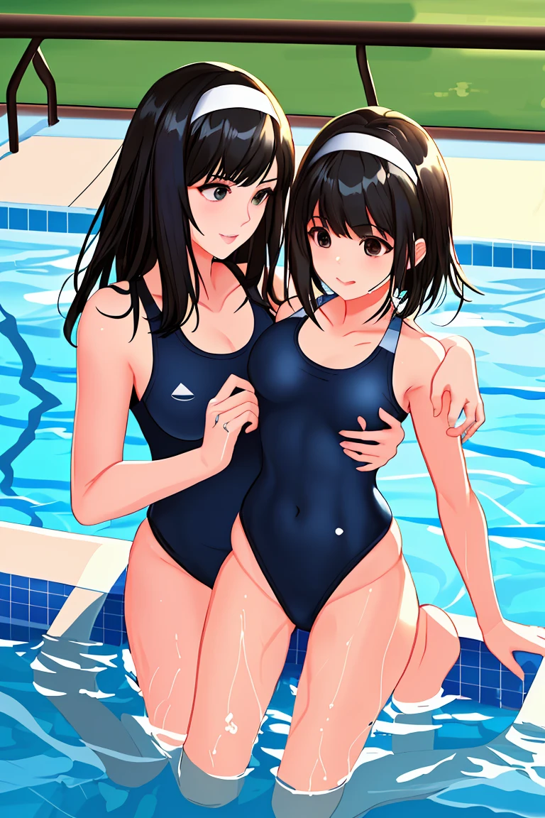 Beauty mother-in-law Black Hair Mother and daughter have beautiful breasts hair band wedding ring My mother is a competitive swimmer My daughter is wearing a navy blue school swimsuit. Pool