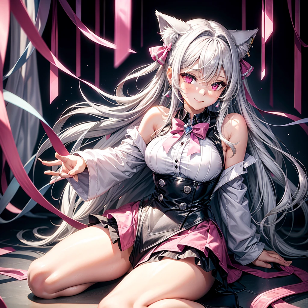 Silver hair, pink eyes, body, cat ears, sexy girl, earrings, light heart fantasy background, uniform, hair bows, sit down, happy face