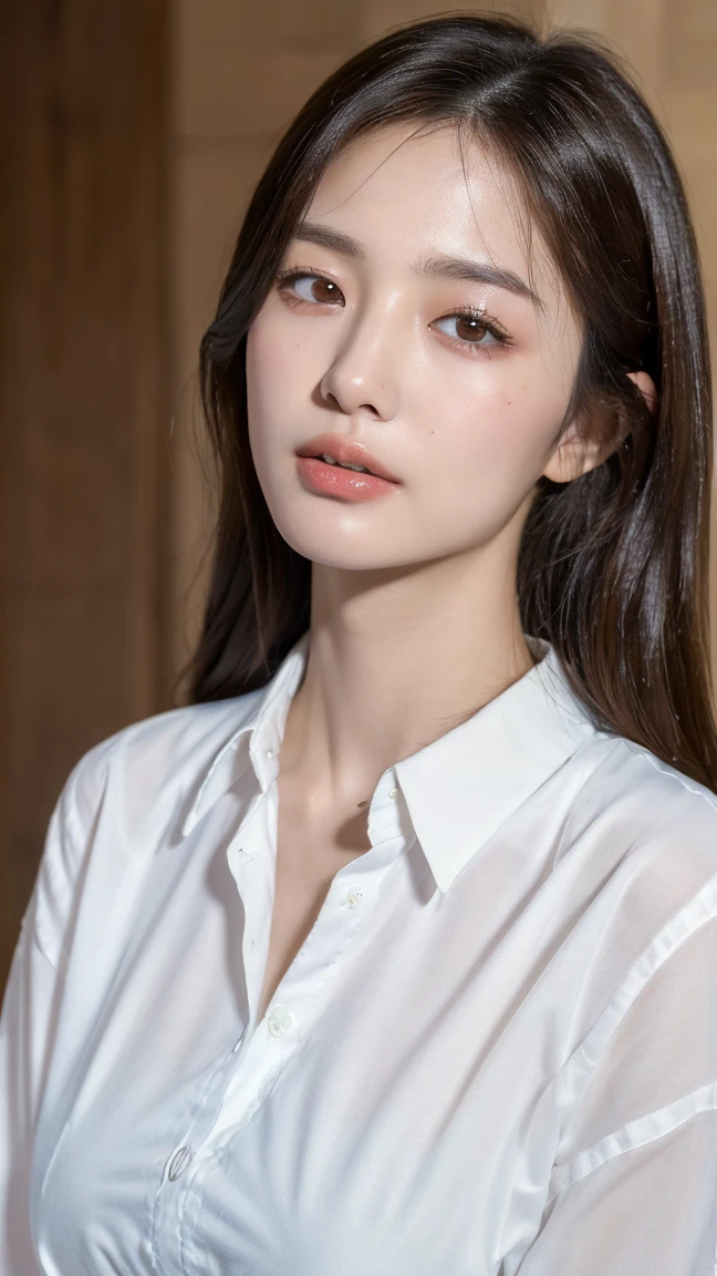 ((Best quality, 8K, masterpiece:1.3))，1girl，18 years old，Asian，Real texture:1.3，Tall and slender figure:1.2,Highly detailed face and skin textures，Exquisite eyes，Long eyelashes，Double eyelids，Skin Whitening，happy，Big breasts,My nipples are showing through my white shirt,