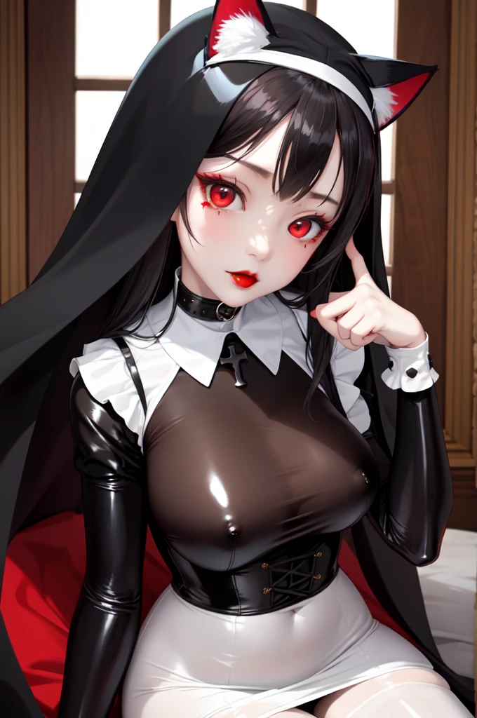 1 girl、Detailed facial details,Cat ear,Black long hair,Red lips,Slim,Large Breasts,Maid decoration girl wearing white latex tights,nuns clothing,Repairman Headdress,Charming red eye,,Handcuffs,Collar,Radiant Skin,Bright castle,Medieval Castle