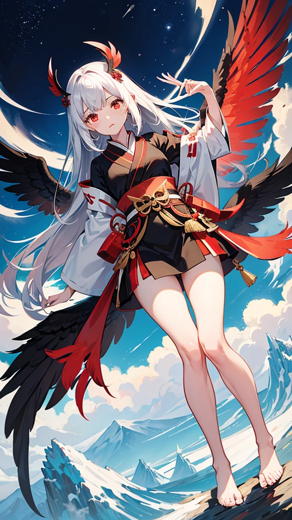 A Tengu turned into a beautiful girl。She has wings of black feathers、Beautiful girl with sharp eyes。Has a red mask、Dressed in traditional Tengu attire。Her hair flutters in the wind、Looking down on the world from the top of the mountain。