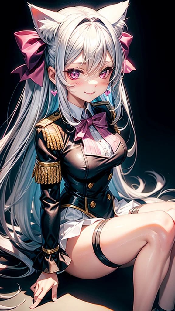 Silver hair, pink eyes, woman, sun and cloud background, pink red gold clothes, hair bows, happy face, outfit, sexy, cat ears, hearts, floating hearts, thigh up, thigh high tights