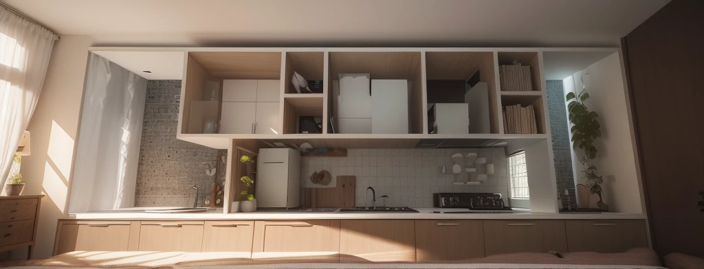 Convert floor plans to elevation effects，3Drenderingof，with a pure white background，best qualtiy，（Hyper-realistic， Unity 8k wallpaper），（best qualtiy），（Most Best Illustration），（Best shadow），（Whole house），Nordic style，pastel tones，Light curtains，carpets，Cotton and linen sofa，wood furnishings，softlighting，a plant，painting of a，vases，rendering by octane，Ray traching，Super meticulous