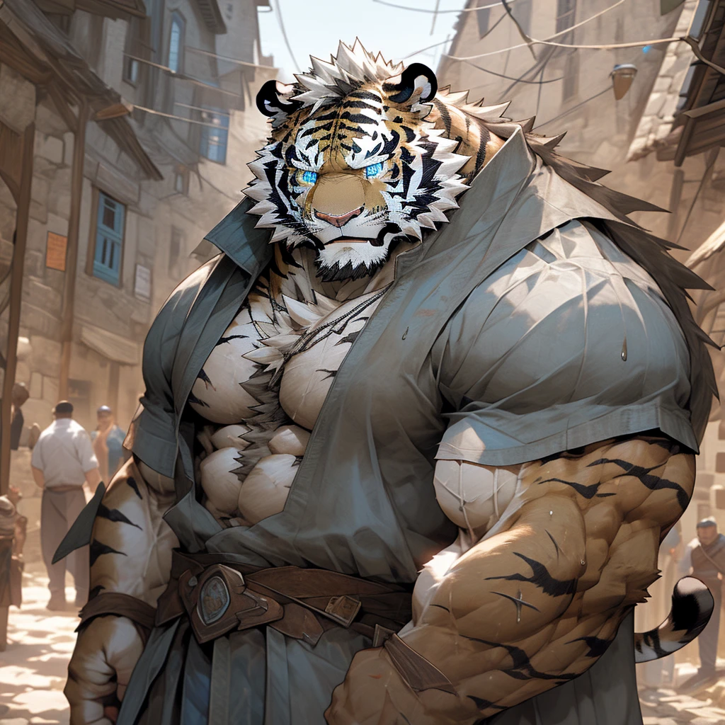 Sweating muscular man in a medieval village,White clothes,With furry anthropomorphic chest hair,Serious face(scars in the face) Mature (blue eyes)Big muscles,Ripped abdominal muscles,Wild General,Ambitious,Consider,Uncle vicissitudes,White Tiger