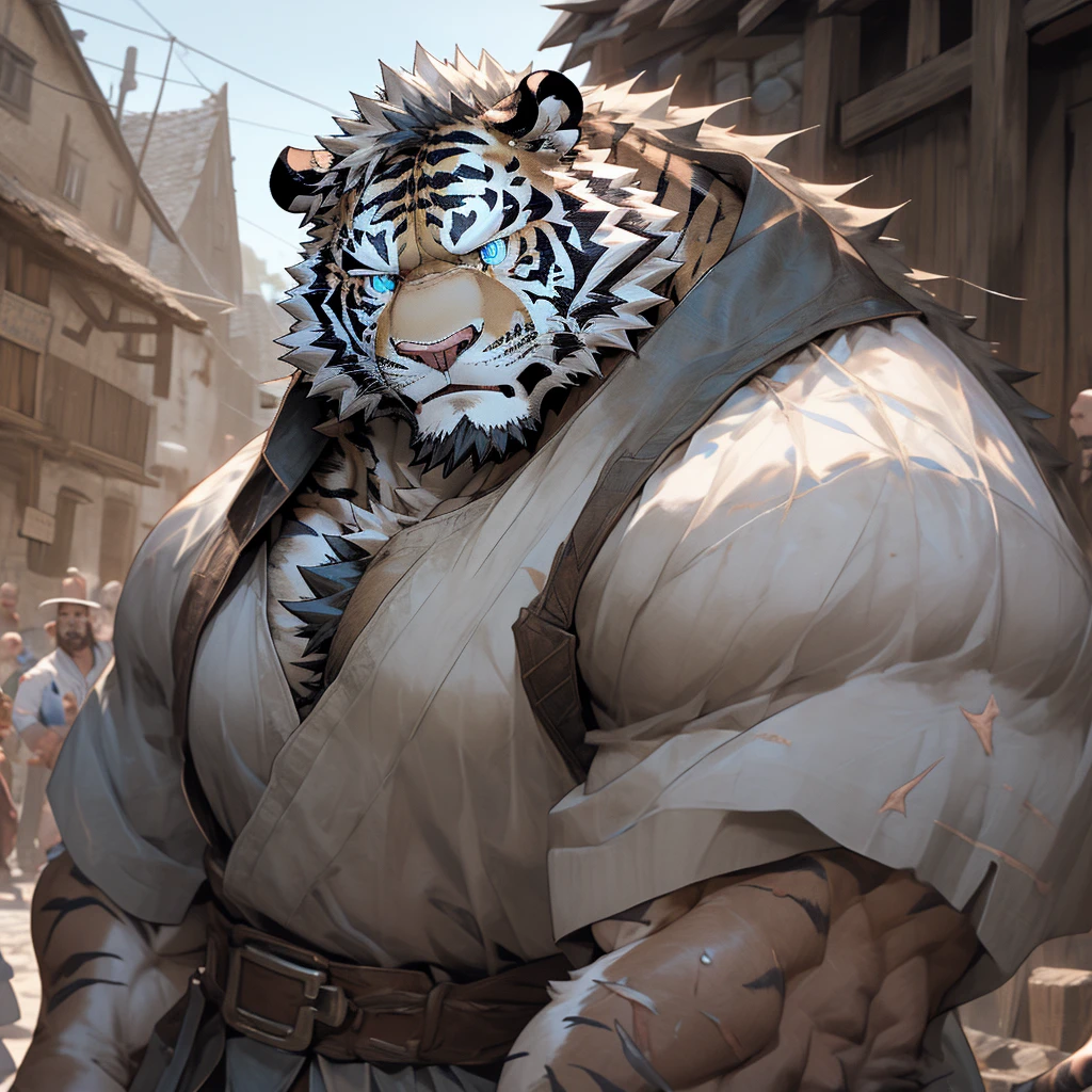Sweating muscular man in a medieval village,White clothes,With furry anthropomorphic chest hair,Serious face(scars in the face) Mature (blue eyes)Big muscles,Ripped abdominal muscles,Wild General,Ambitious,Consider,Uncle vicissitudes,White Tiger