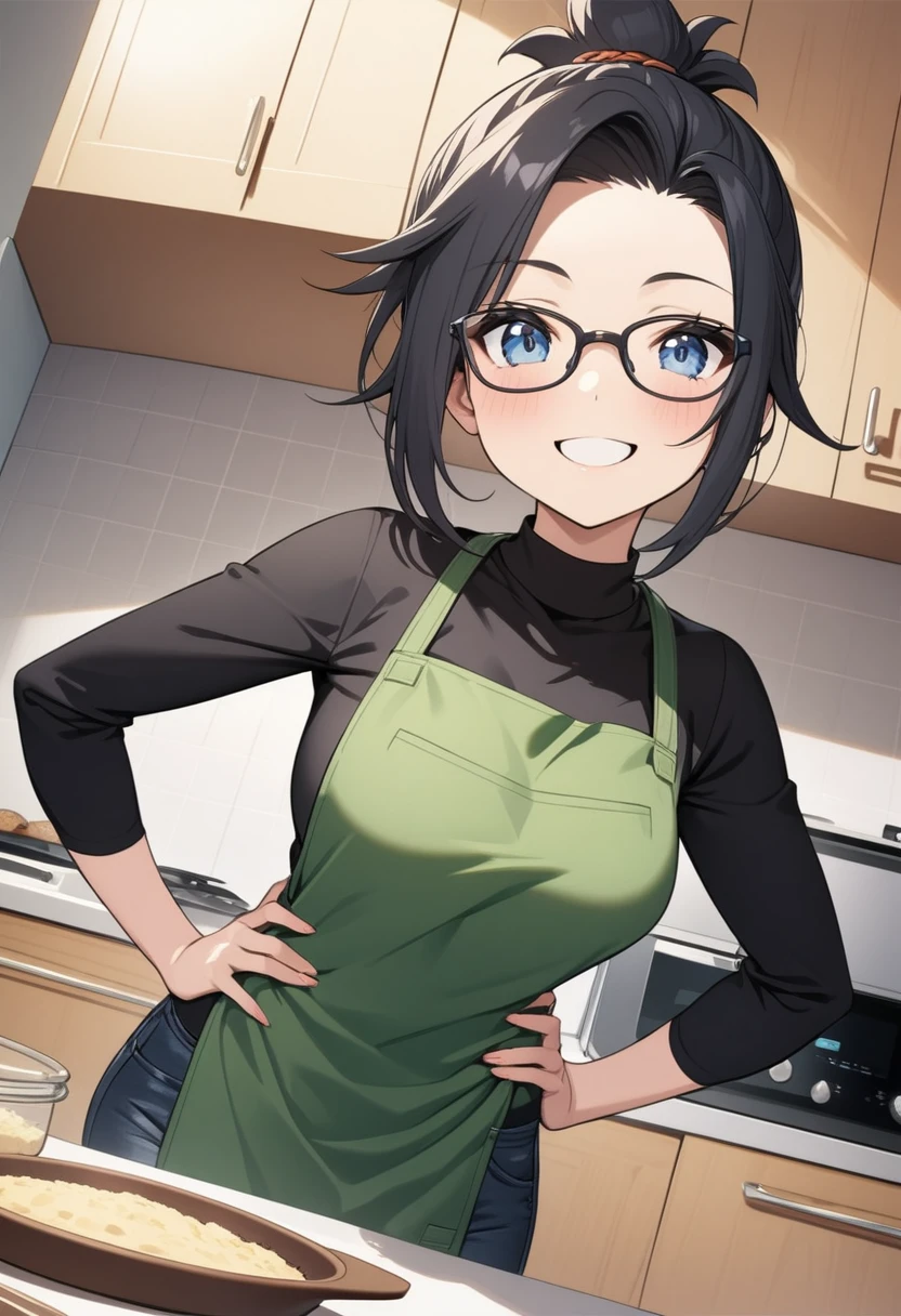 Adult female, highly detailed, glasses, short black hair wolf cut style tied back, blue eyes, smile, kitchen, green apron, black shirt, black jeans, perfect eyes, high quality, best quality, hands on hips, baking, happy