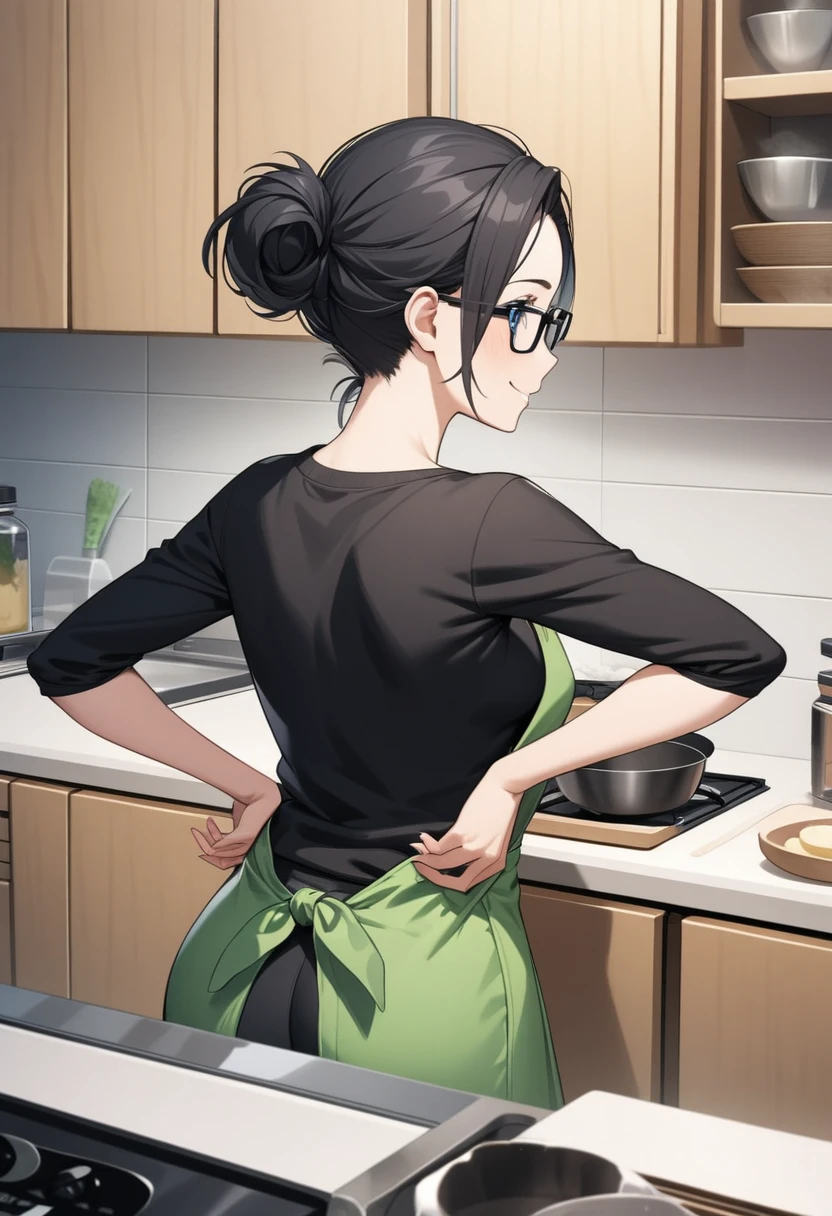 Adult female, highly detailed, glasses, short black hair wolf cut style tied back, blue eyes, smile, kitchen, green apron,  black shirt, black jeans, perfect eyes, high quality, best quality, hands on hips, baking, happy