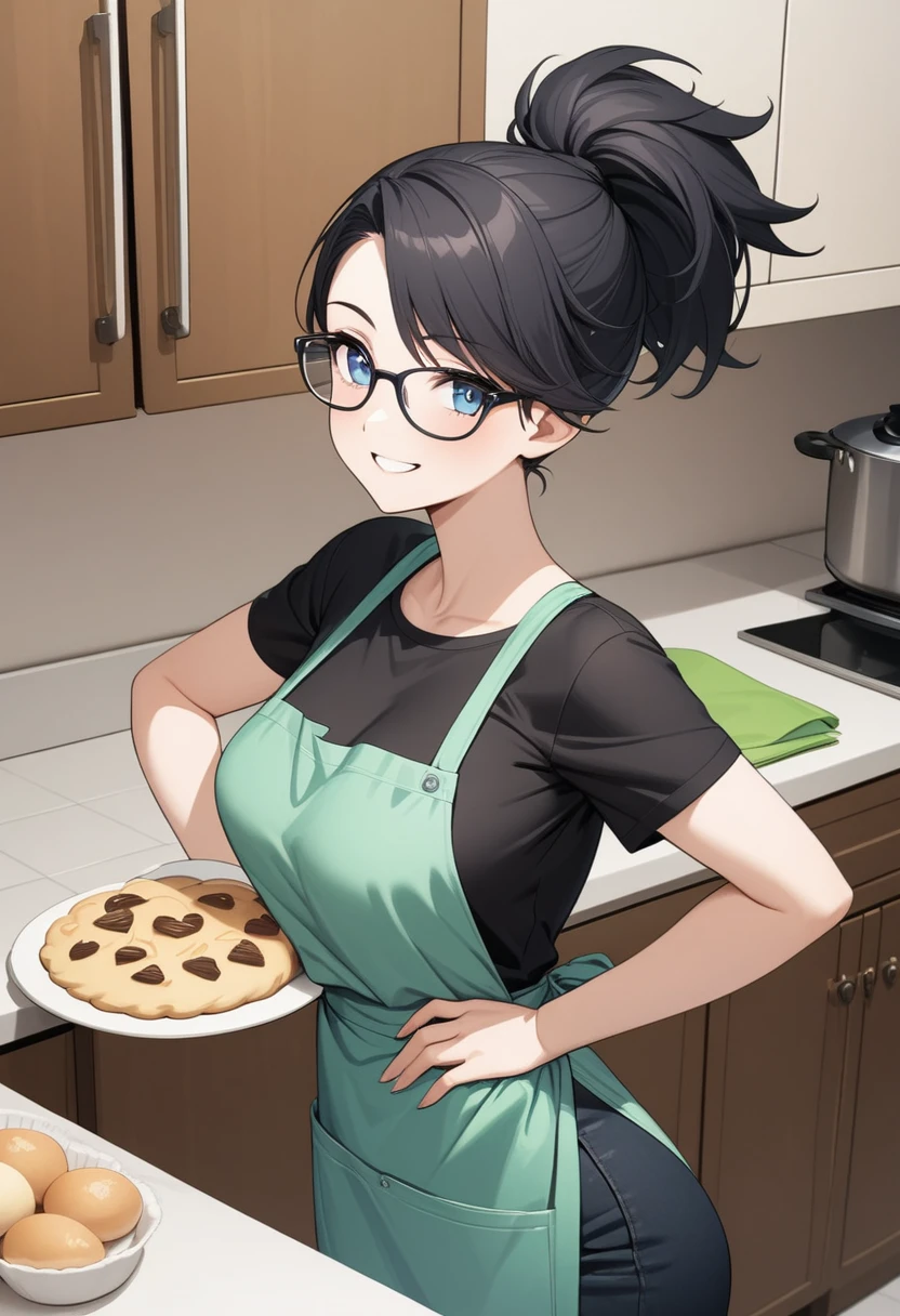 Adult female, highly detailed, glasses, short black hair wolf cut style tied back, blue eyes, smile, kitchen, green apron, black shirt, black jeans, perfect eyes, high quality, best quality, hands on hips, baking, happy