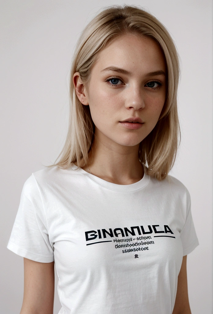 une fille blonde sexy avec de longs cheveux, tshirt blanc avec un logo Konica Minolta