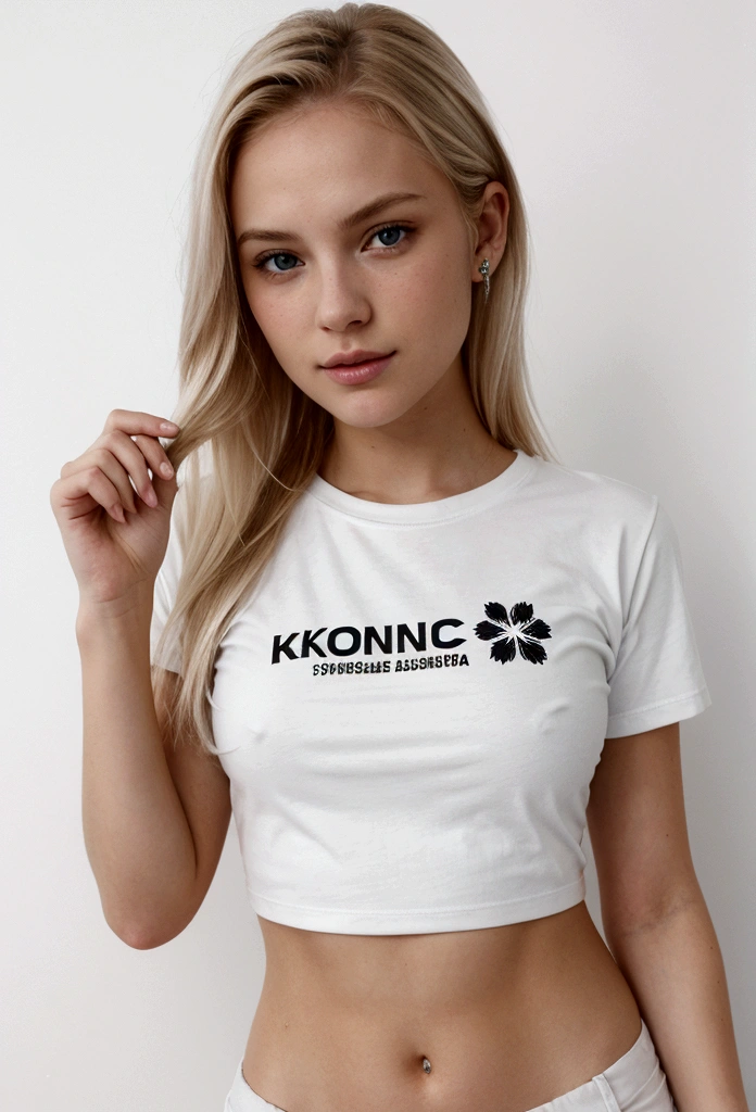 une fille blonde sexy avec de longs cheveux, tshirt blanc avec un logo Konica Minolta