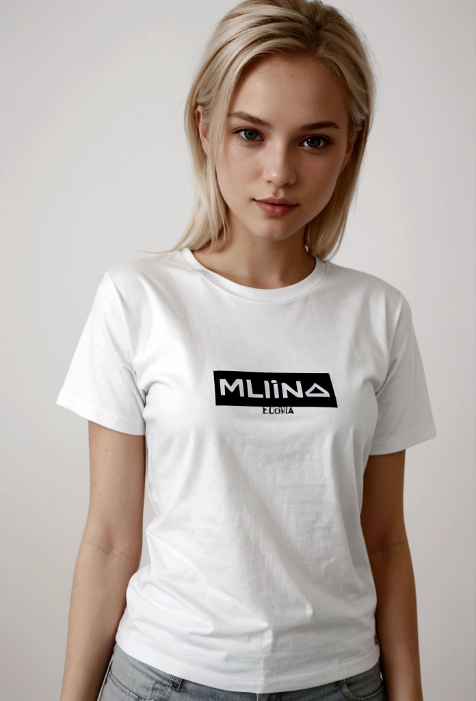 une fille blonde sexy avec de longs cheveux, tshirt blanc avec un logo Konica Minolta