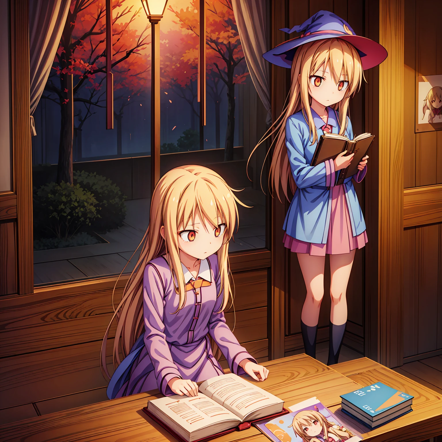 Anime girl, Shiina Mashiro, Mashiro, Anime Sakurasou, long blonde hair, orange eyes, unimpressive, , witch outfit, magic book, Wooden room, Pictures, posters