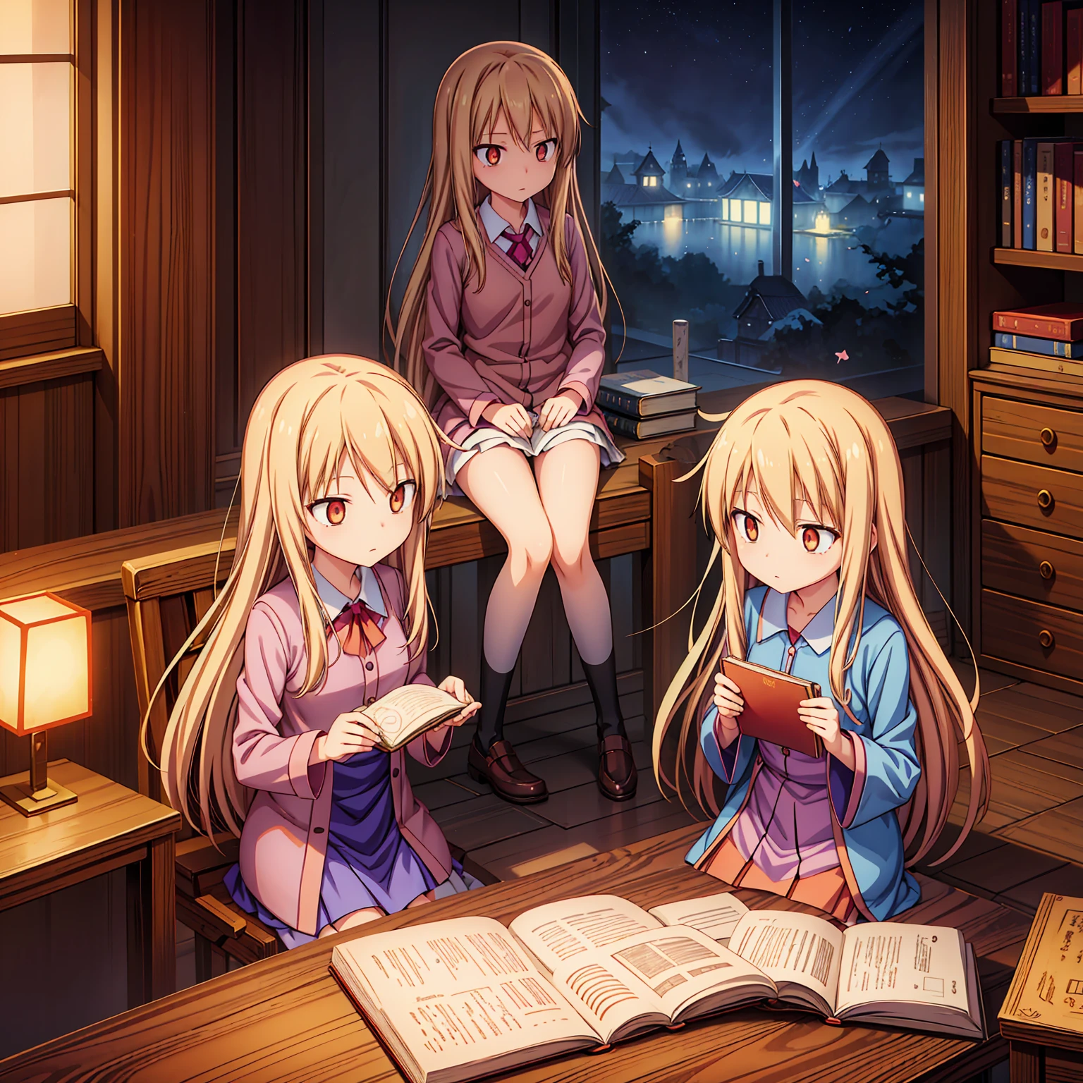 Anime girl, Shiina Mashiro, Mashiro, Anime Sakurasou, long blonde hair, orange eyes, unimpressive, , witch outfit, magic book, Wooden room, Pictures, posters