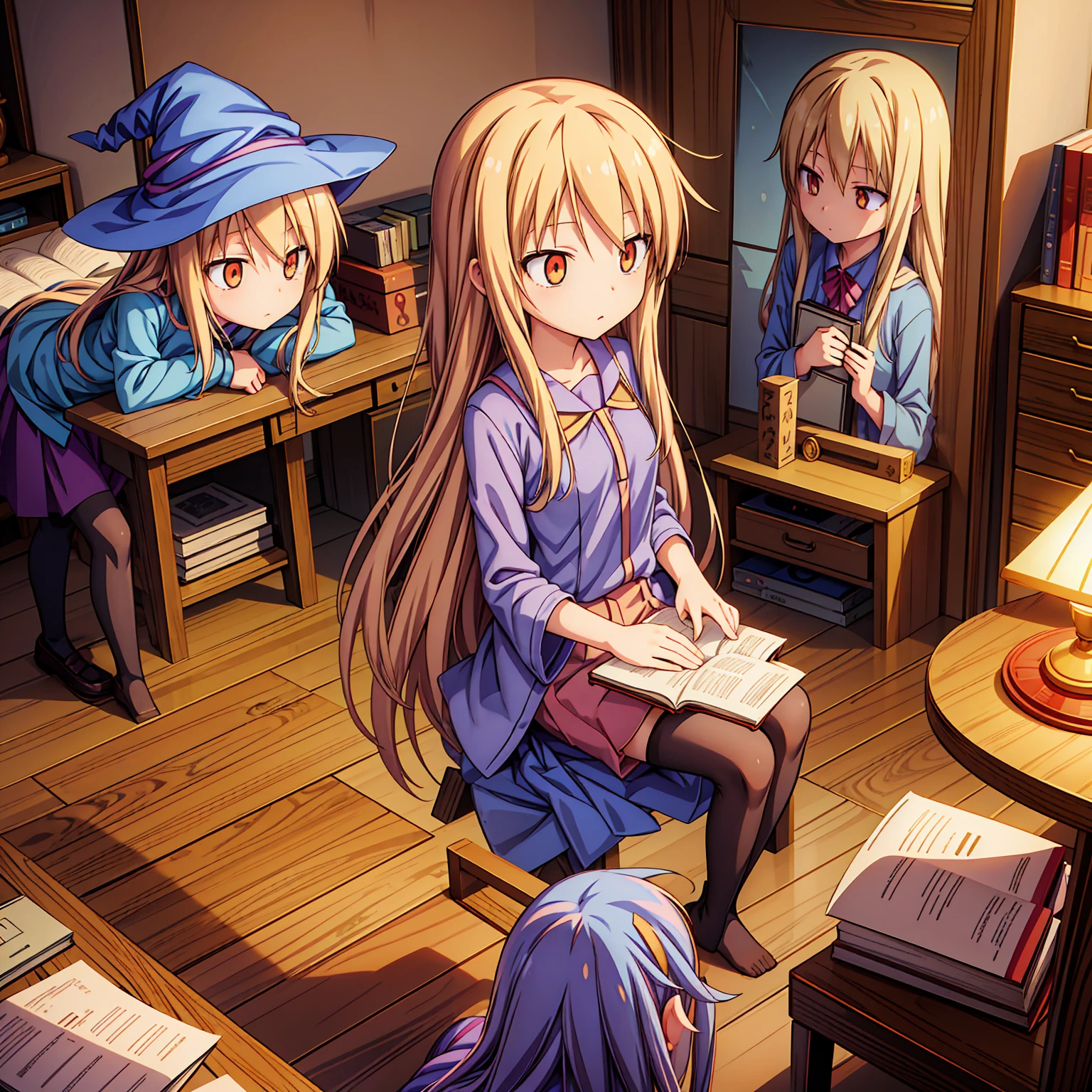 Anime girl, Shiina Mashiro, Mashiro, Anime Sakurasou, long blonde hair, orange eyes, unimpressive, , witch outfit, magic book, Wooden room, Pictures, posters