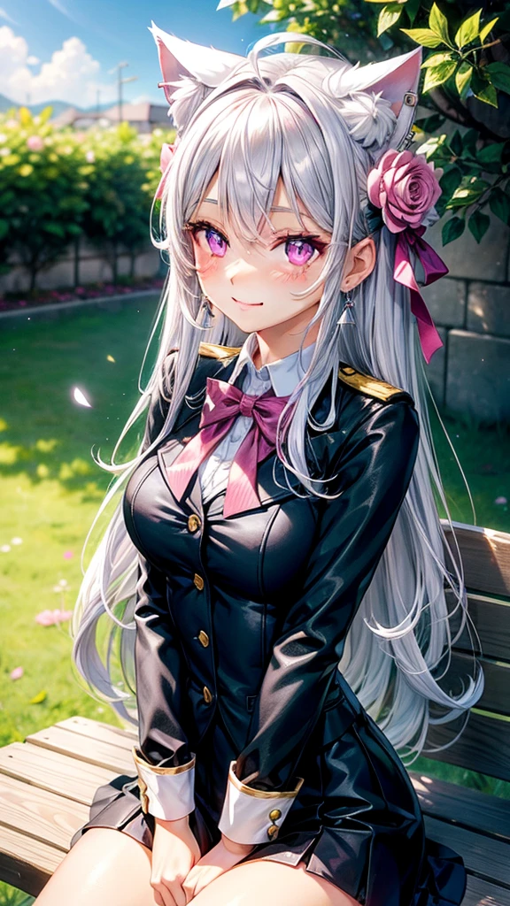 Silver hair, pink eyes, body, cat ears, girl, earrings, flower sky background, uniform, hair bows, sit down, happy face