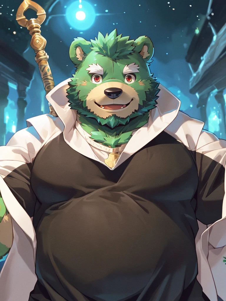 anthro, kemono, male, solo, ((round face, very plump face, thick beard)), ((endomorph body type, old-aged)), (adventure costume), ((green bear, bear) fluffy fur, fluffy), (at old ruin, dungeons), bokeh, (high quality, highres, masterpiece), (dynamic lighting, vivid color), (generous smile), (face focus), front view (close up), cartoon, (((green bear))), (((green fur))), green hair, beard, white eyebrows, bald, detailed red eyes, tall, mage staff, magic, (black t-shirt inside), (((white unhooded trench coat ))), by zixiong, by takemoto arashi, by zixiong, (by null-ghost:0.8), (by t.y.stars:0.4)