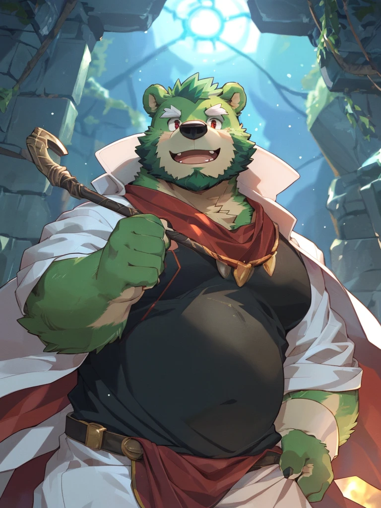 anthro, kemono, male, solo, ((round face, very plump face, thick beard)), ((endomorph body type, old-aged)), (adventure costume), ((green bear, bear) fluffy fur, fluffy), (at old ruin, dungeons), bokeh, (high quality, highres, masterpiece), (dynamic lighting, vivid color), (generous smile), (face focus), front view (close up), cartoon, (((green bear))), (((green fur))), green hair, beard, white eyebrows, bald, detailed red eyes, tall, mage staff, magic, (black t-shirt inside), (((white unhooded trench coat ))), by zixiong, by takemoto arashi, by zixiong, (by null-ghost:0.8), (by t.y.stars:0.4)