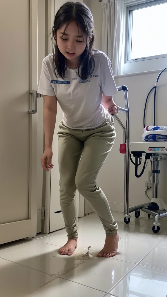 a fifteen-year-old girl who has been diagnosed as the patient of Spinocerebellar ataxia, fell into ground when she tried to get up from the hospital bed. Then she wet herself (camera show us a puddle between her legs and wet pants).