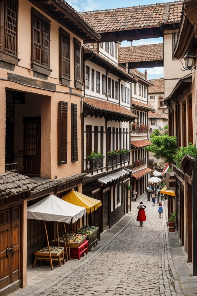 In the center of the drawing, There is a historic neighborhood with cobblestone streets and old buildings of colonial architecture. The buildings are well preserved and show distinctive features of the local culture, like red tile roofs and ornate balconies. On the streets, People dressed in traditional local costumes are seen, participating in cultural activities such as folk dances and crafts. At the bottom, you can see a traditional market where typical products and local foods are sold. The drawing conveys the idea of an urban space that celebrates and preserves the cultural identity rooted in the community's historical past..