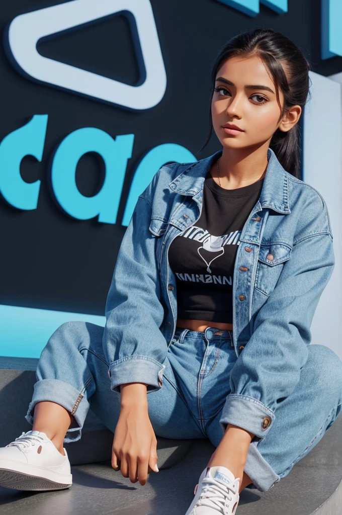 Create a 3D illustration of an animated character sitting casually on top of a social media logo "Instagram". The Character must wear casual morden clothing such as jeans jacket and sneakers shoes .The background of the is a social media profile page with a user name "Krishna Editing Creation" and a profile picture that match .