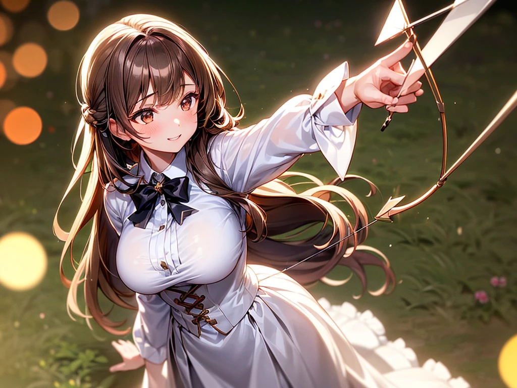 ((1ung girl, brown long hair, brown eyes)), (best quality), (ultra-detailed), illustration, (detailed light), (an extremely delicate and beautiful), (smile:1.1) white shirt, black tie, brown skirt, ((readying a bow and arrow)), from above, (Beautiful large breasts:1.3), best quality, extremely detailed CG unified 8k wallpaper, High-definition raw color photos, professional photography, (((Bokeh))), In the forrest