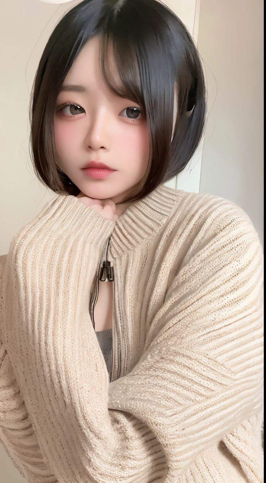 1 Japanese model, Hair Model, Unique hair details, Gradient Ribbon Printed Zipper Knitted Cardigan, double eyelid, Very short hair