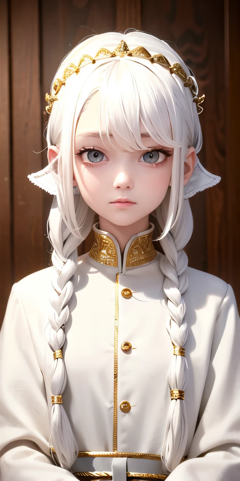 best quality, masterpiece,white hair, gold eyes,white clothes, looking up, upper body,hair strand,Fair skin,side braids