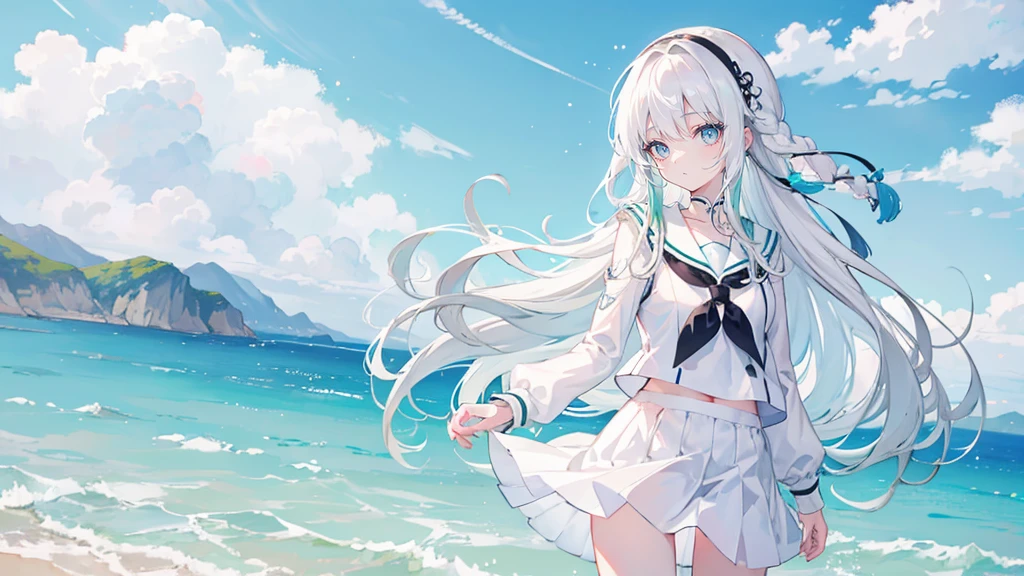 White Hair，Long Hair，bangs，bangs整齐，Green hair band，Grey Eyes，girl，cute，The body is very thin， JK Sailor Suit，The background is blue sky and white clouds