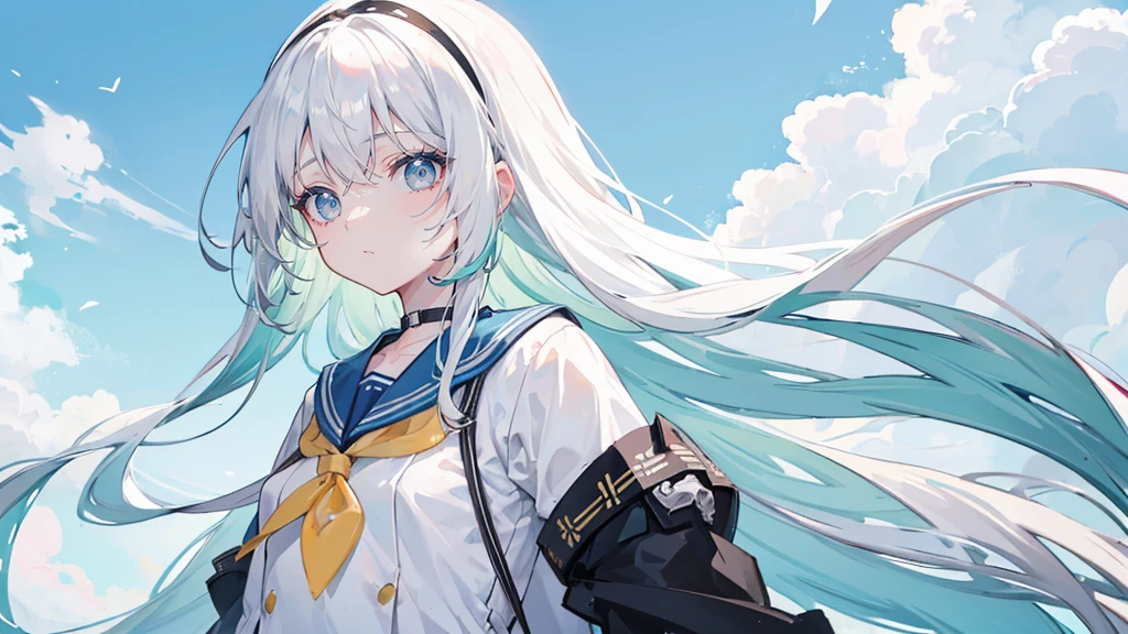 White Hair,Long Hair,bangs,bangs整齐,Green hair band,Grey Eyes,girl,cute,The body is very thin, JK Sailor Suit,The background is blue sky and white clouds
