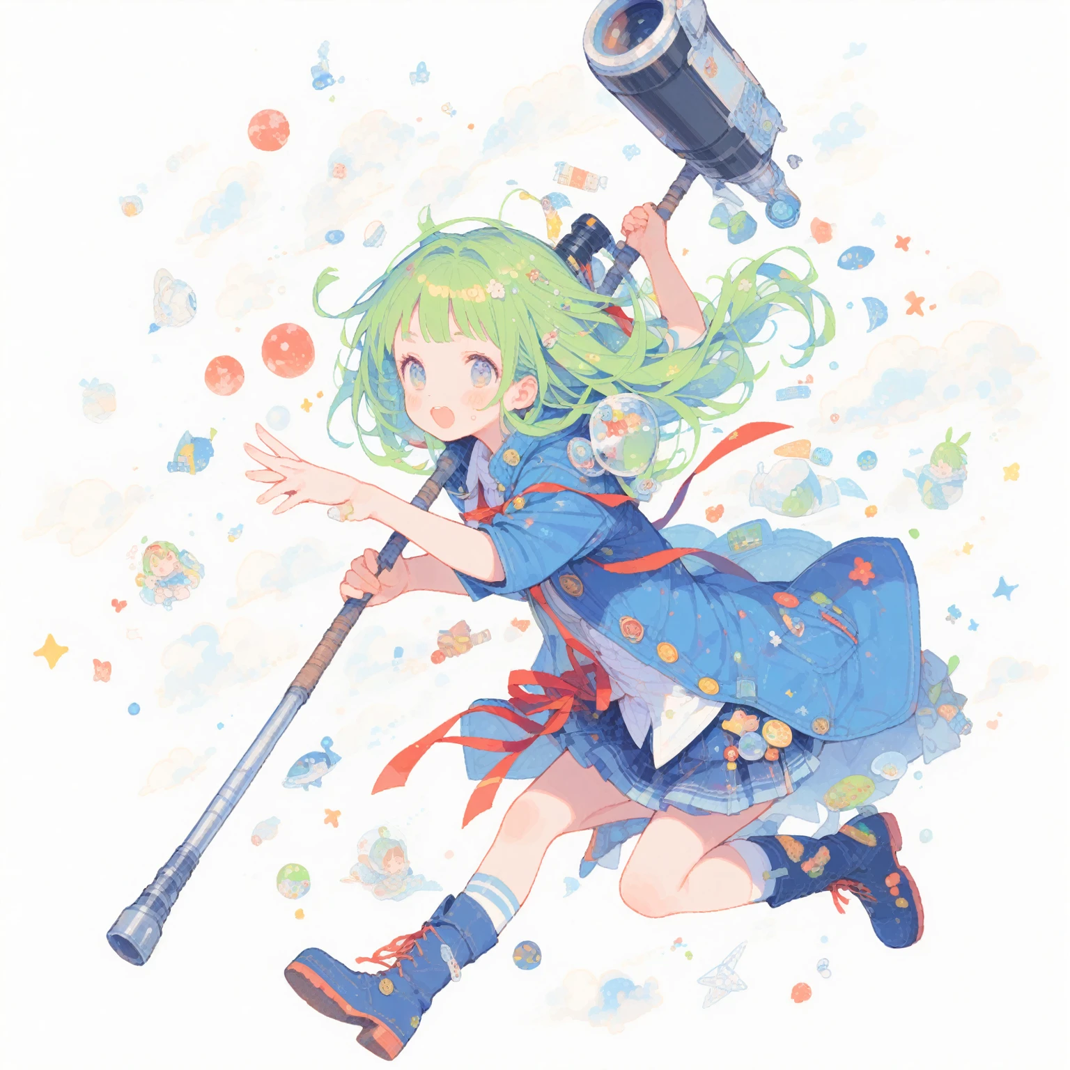 Giant Girl、Monocular、Green Hair、Red ribbon、Blue sleeveless coat、White Shirt、Blue no pleats skirt、White knee socks、Blue short boots、Pole Hammer、tegaki
