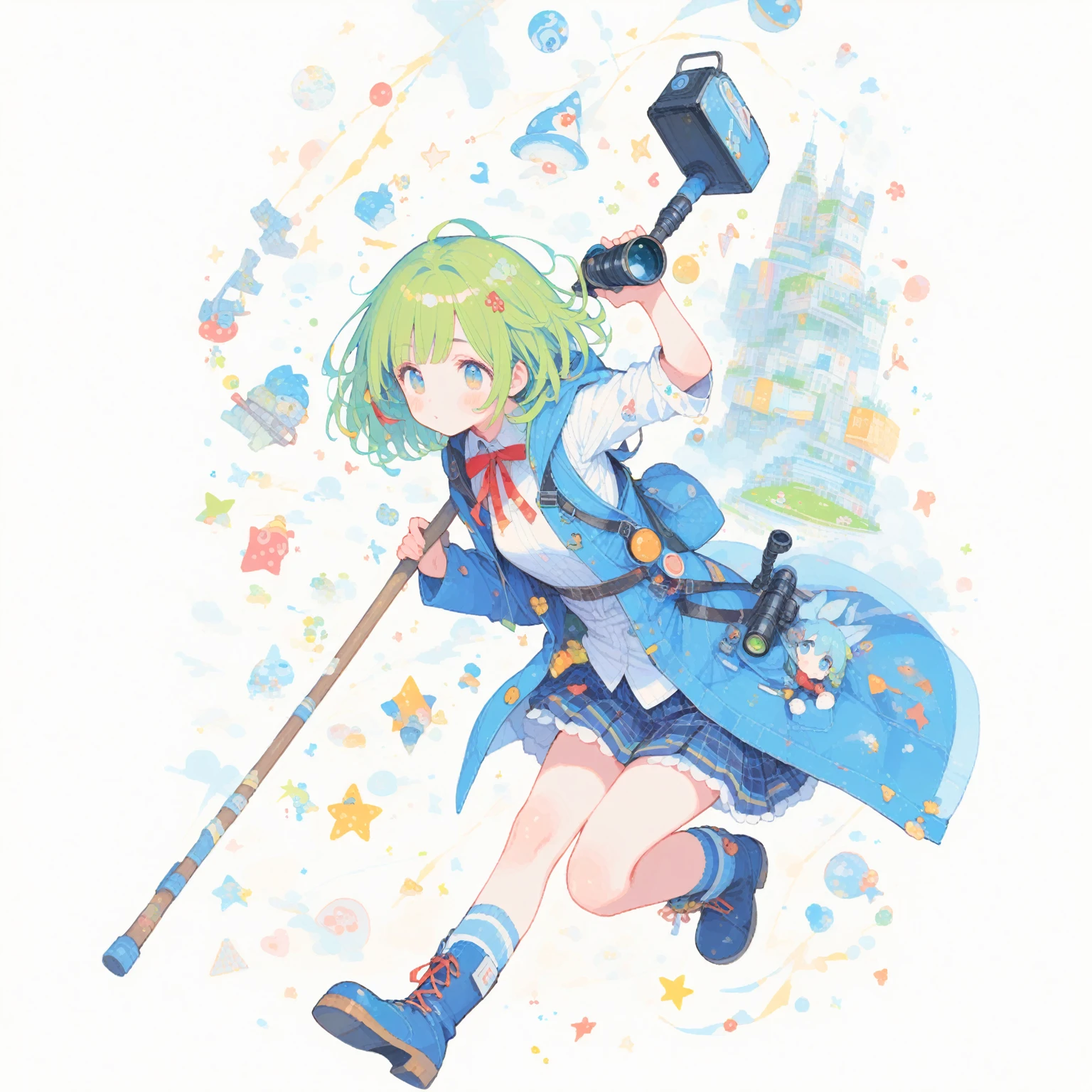 Giant Girl、Monocular、Green Hair、Red ribbon、Blue sleeveless coat、White Shirt、Blue no pleats skirt、White knee socks、Blue short boots、Pole Hammer、tegaki