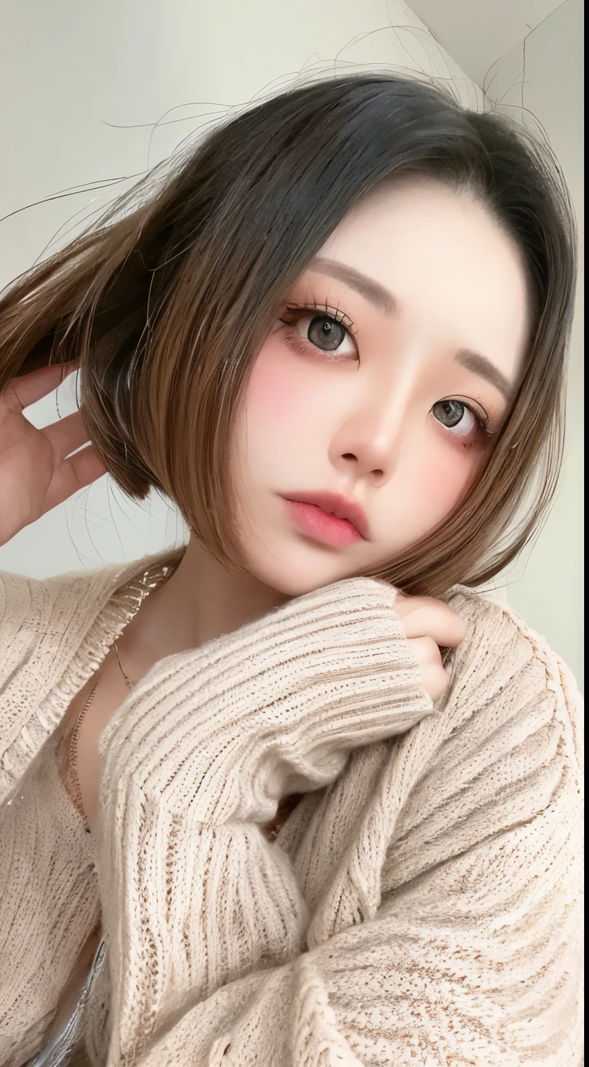 1 Japanese model, Hair Model, Unique hair details, Gradient Ribbon Printed Zipper Knitted Cardigan, double eyelid, Very short hair