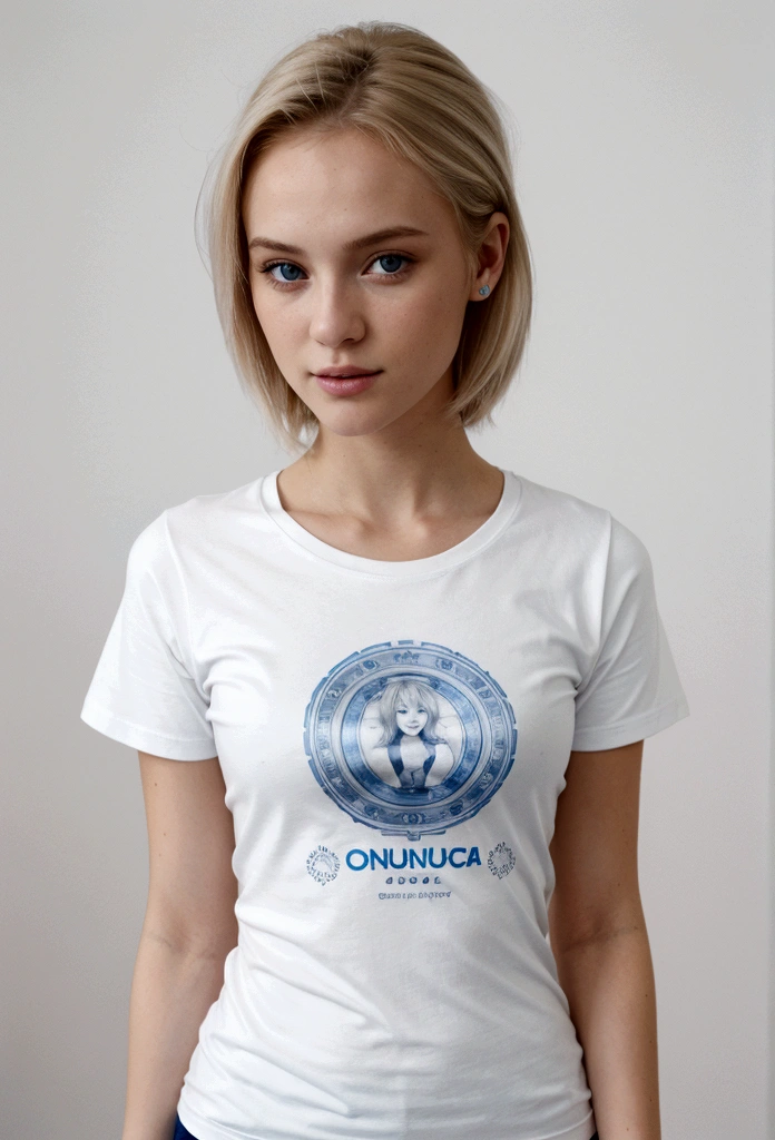 une fille blonde sexy avec de longs cheveux, tshirt blanc avec un rond bleu et marqué "Konica Minolta"