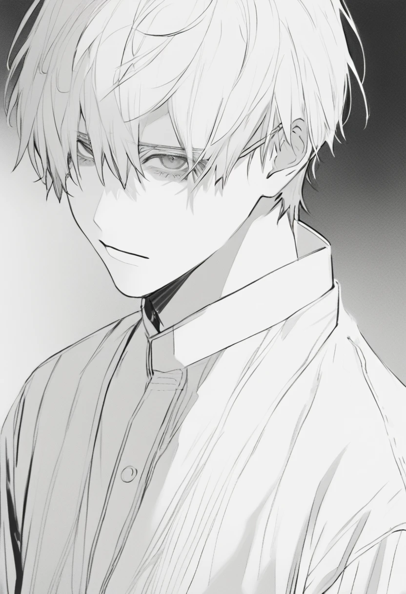 yuto-sano, 1boy, Kaneki, white hais , elegant, monochrome, solo, greyscale, male focus, looking at viewer, tired, eyebags, eyeblacks