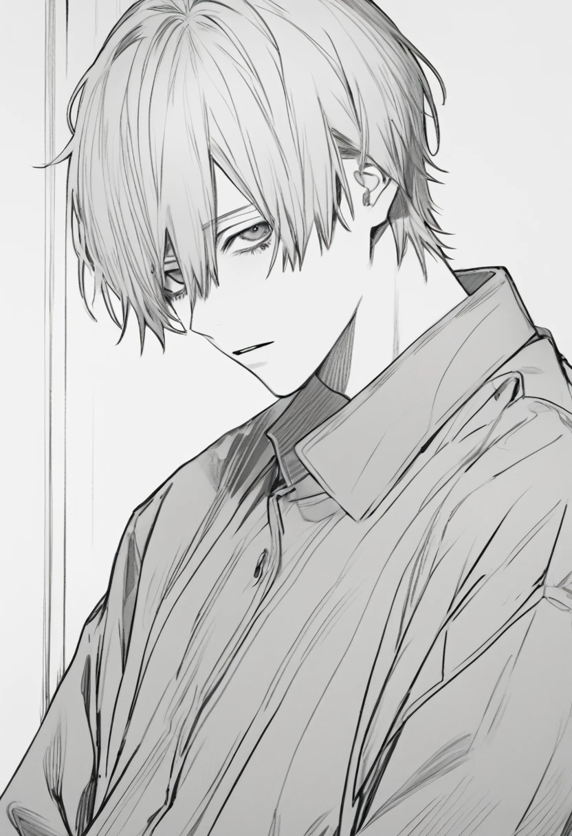 yuto-sano, 1boy, Kaneki, white hais , elegant, monochrome, solo, greyscale, male focus, looking at viewer, tired, eyebags, eyeblacks