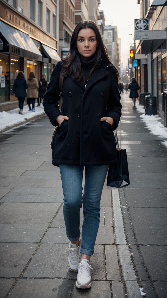 Woman, full length, walking diagonally to her left, wearing winter clothing, sneakers, detailed face, dark hair, returning from shopping, detailed face.