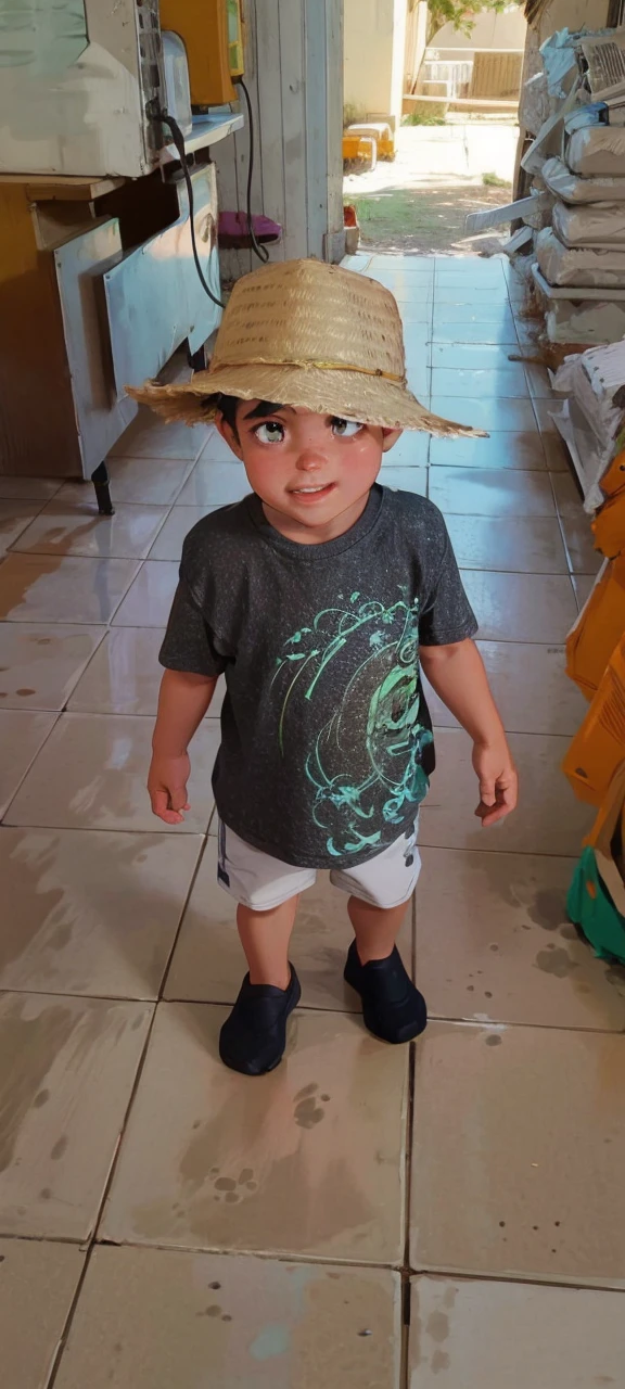1 year old boy with black t-shirt and green pants