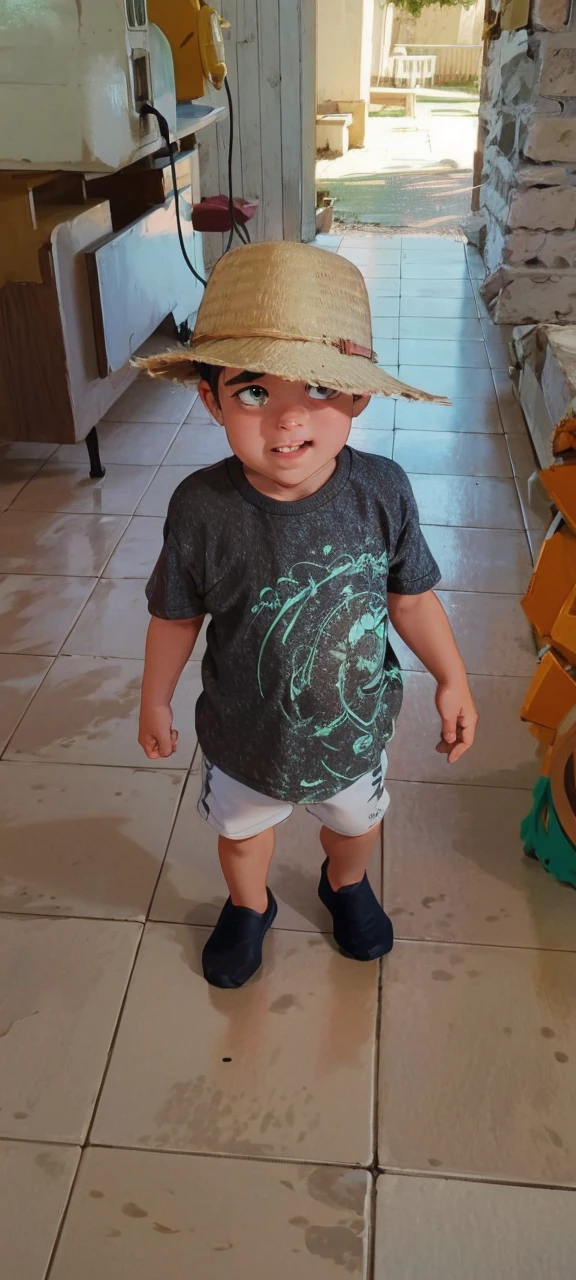 1 year old boy with black t-shirt and green pants