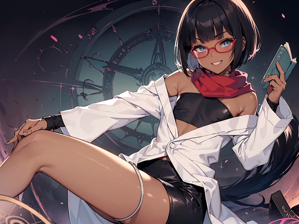 (flat chest:1.4), (masterpiece:1.2), highest quality, High resolution, unity 8k wallpaper, (fine and beautiful eyes:1.6), highly detailed face, perfect lighting, Detailed CG, (perfect hands, perfect anatomy), (1 boy solo:1.4), 20 years old, (black hair:1.3), extremely beautiful detailfeminine face and eyes, (evil smile:1.4), detailed eyes, best quality,( dark skin:1.8),( long sleeves lab coat:1.4), (strapless tube top shirt:1.2), (bike shorts:1.2), extremely detailed, very precise detailed, (glasses:1.3), (blunt bangs:1.3), open mouth, (very short pixie cut:1.2), boots,fingerless gloves, smile, (half closed eyes:1.3) ,(Draw a magic circle with index finger:1.3) ,night sky,long sidelocks,(long red Scarf),(stylish pose),(holding a book:1.4),open stance,(),(Raise only index finger:1.1), (greaming skin:1.2), (blush:1.4),(leaning forward:1.2), 