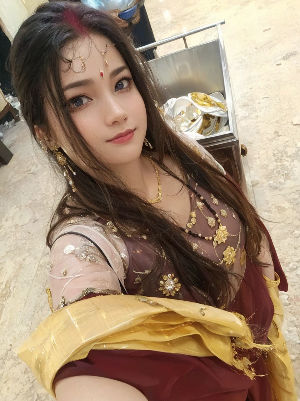 (masterpiece、Highest quality、High resolution、8K)、((Alone in space、Beautiful Goddess、Standing posture、フローティング the sky like a star))、((whole body))、Golden Cape、White long dress、Sleeveless、Adorned with vibrant jewels、Gold Bracelets、Blonde in the middle、Beautiful brown eyes、A kind smile、Mouth closed、Elegant and exquisite face、Elegant operation、Place one hand under your chest、Professional Lighting、The universe is full of light、Countless stars and nebulae、