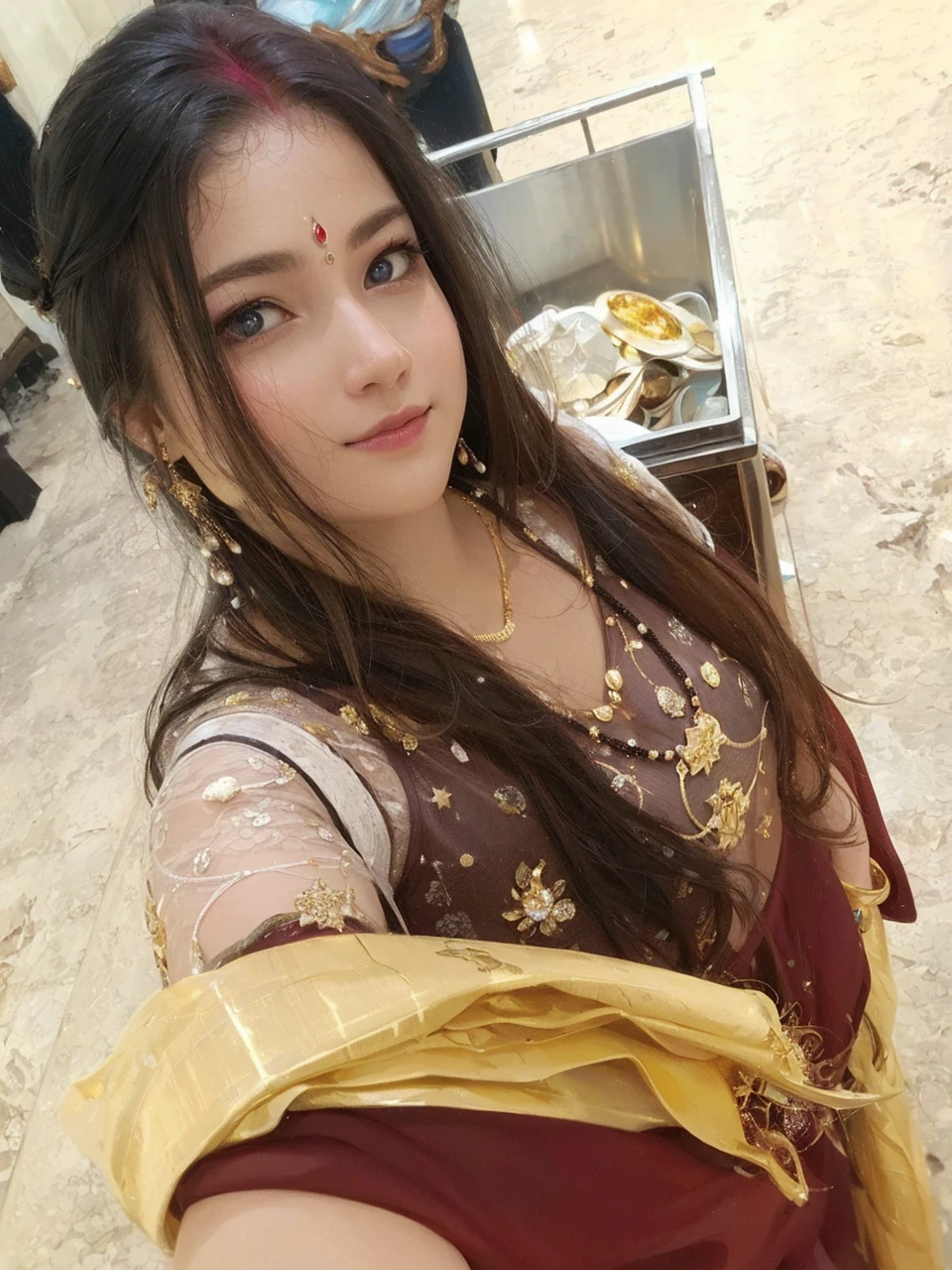 (masterpiece、Highest quality、High resolution、8K)、((Alone in space、Beautiful Goddess、Standing posture、フローティング the sky like a star))、((whole body))、Golden Cape、White long dress、Sleeveless、Adorned with vibrant jewels、Gold Bracelets、Blonde in the middle、Beautiful brown eyes、A kind smile、Mouth closed、Elegant and exquisite face、Elegant operation、Place one hand under your chest、Professional Lighting、The universe is full of light、Countless stars and nebulae、
