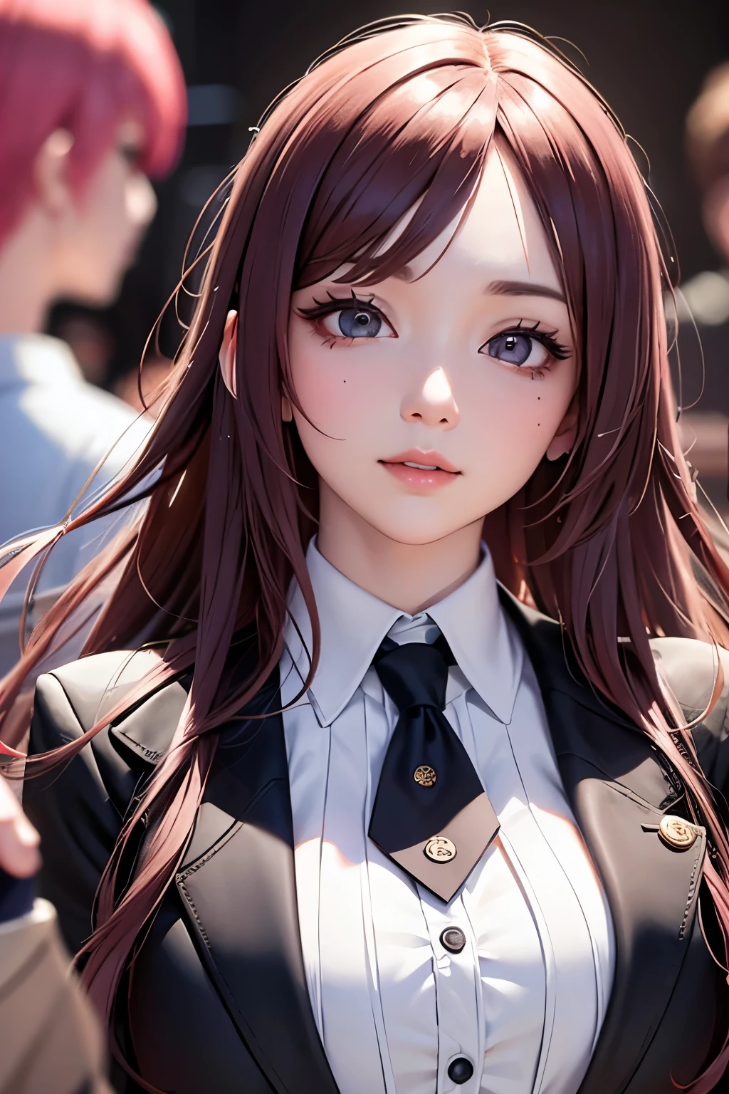masterpiece, best quality, highly detailed, high resolution, expensive resolution, high resolution, 4k, 8k, uniform 8k wallpaper, highly detailed CG, masterpiece, 2d, 3d, beautiful details, depth, fine texture, best quality: 1.3, perfectly focused, sharp. skin, him, very cute anime girl, cute 20s girl in idol outfit, big , pink medium long hair in expensive clothes, mole under eye, looking at the viewer, expensive, blush, mole, open lips, pink eyes, smiling heart shaped choker, dome concert