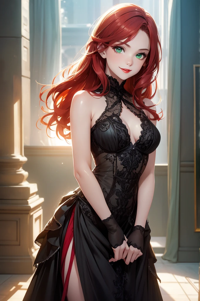 Beautiful  Girl Portrait, Small breasts, Complicated Dress, A kind smile, Red lips, Redhead, Green Eyes, realism, Digital Painting, Concept Art, Smooth, Sharp focus, Three-part method, Style Psycho