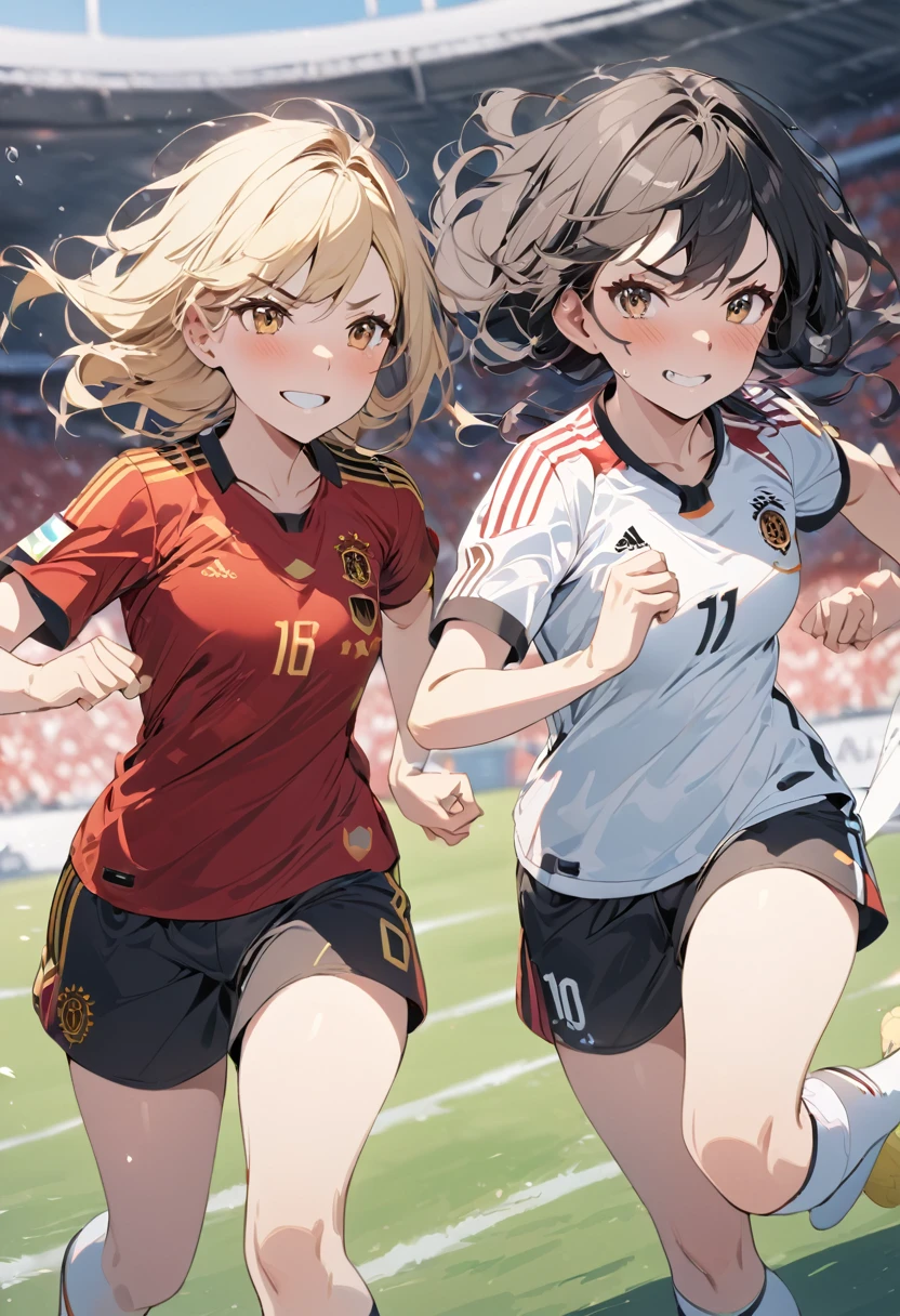 (award winning, 8k, super detailed, high resolution, best quality) , illustration about football, (two girls), girl on the left with blonde hair in ((spain soccer uniform)) and smirk expression, girl on the right with black hair in ((germany soccer uniform)) and (timid expression), (running side by side), ((beautiful girls)), football stadium, fighting spirit.