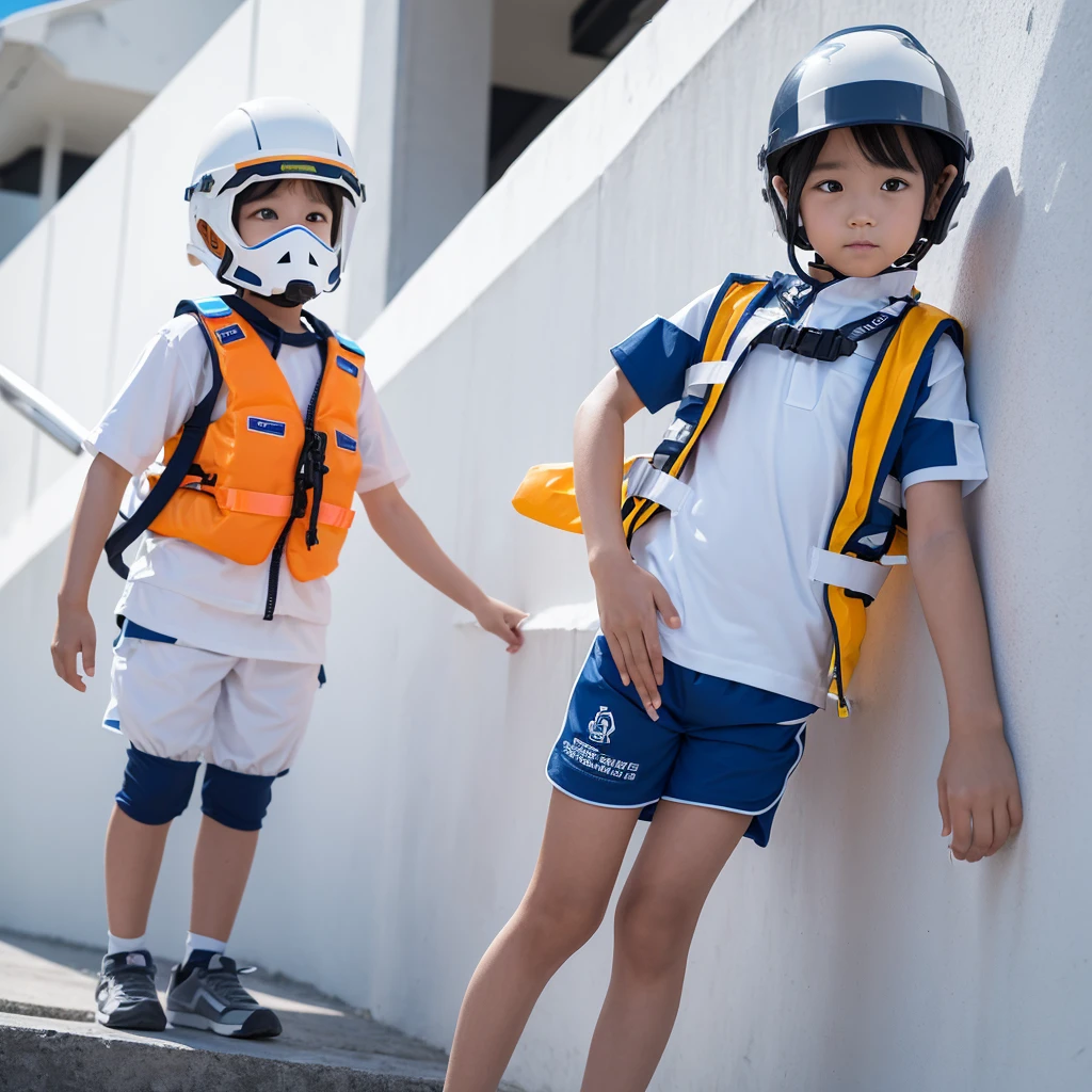 Simple Illustration,Disaster Prevention Children,Simple Illustration,White Helmet,,The top and bottom of the costume are different colors ,MP type helmet,two children, T-shirt and shorts,Life jacket,4-, The design of the top and bottom of the costume is monochromatic,
